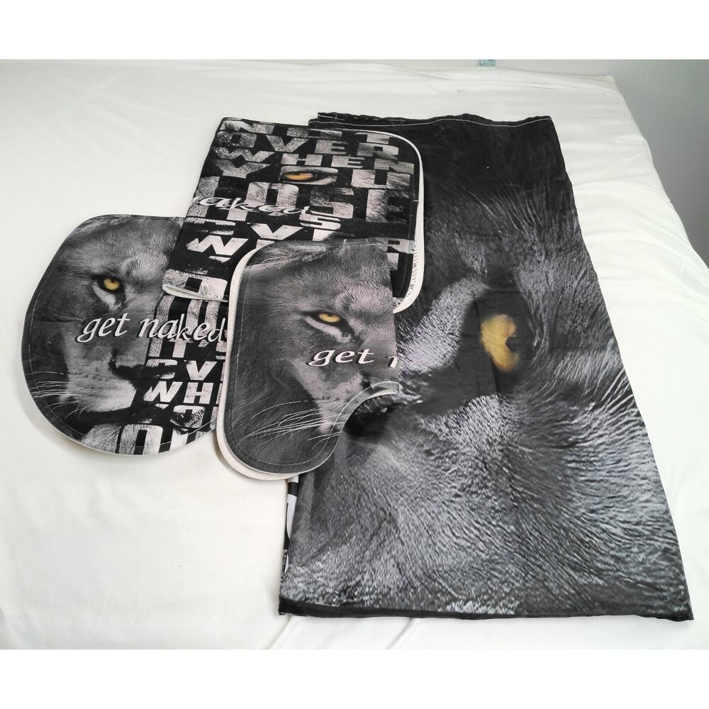 Lion Bathroom Set Lot Shower Curtain Bath Mat Rug Toilet Lid Cover “Get Naked”